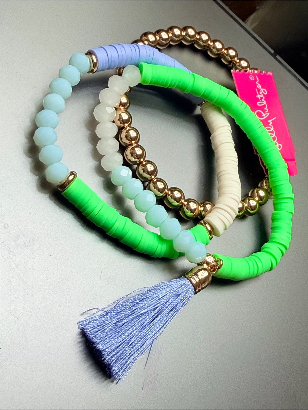 Lilly Pulitzer Bracelet Stack Blue-Lime-Gold Beaded Tassel Bracelet 3 pc Set NWT